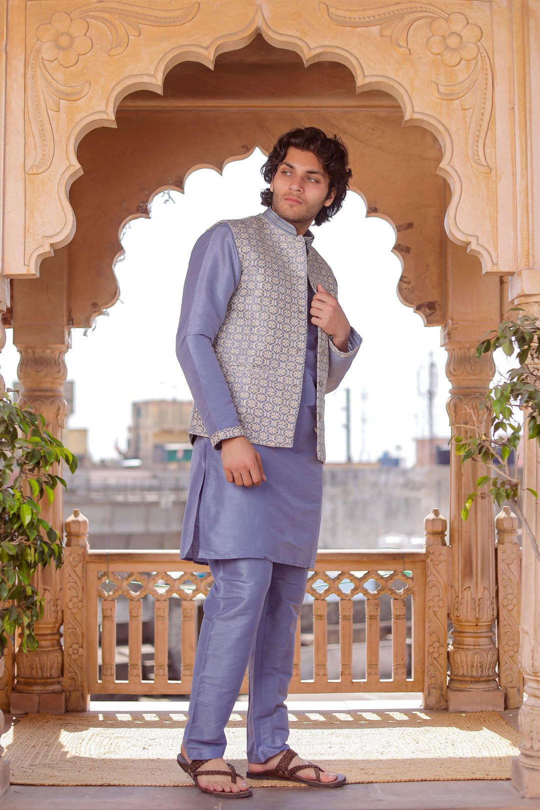 Grey Brocade Silk Jacket And Kurta Suit.