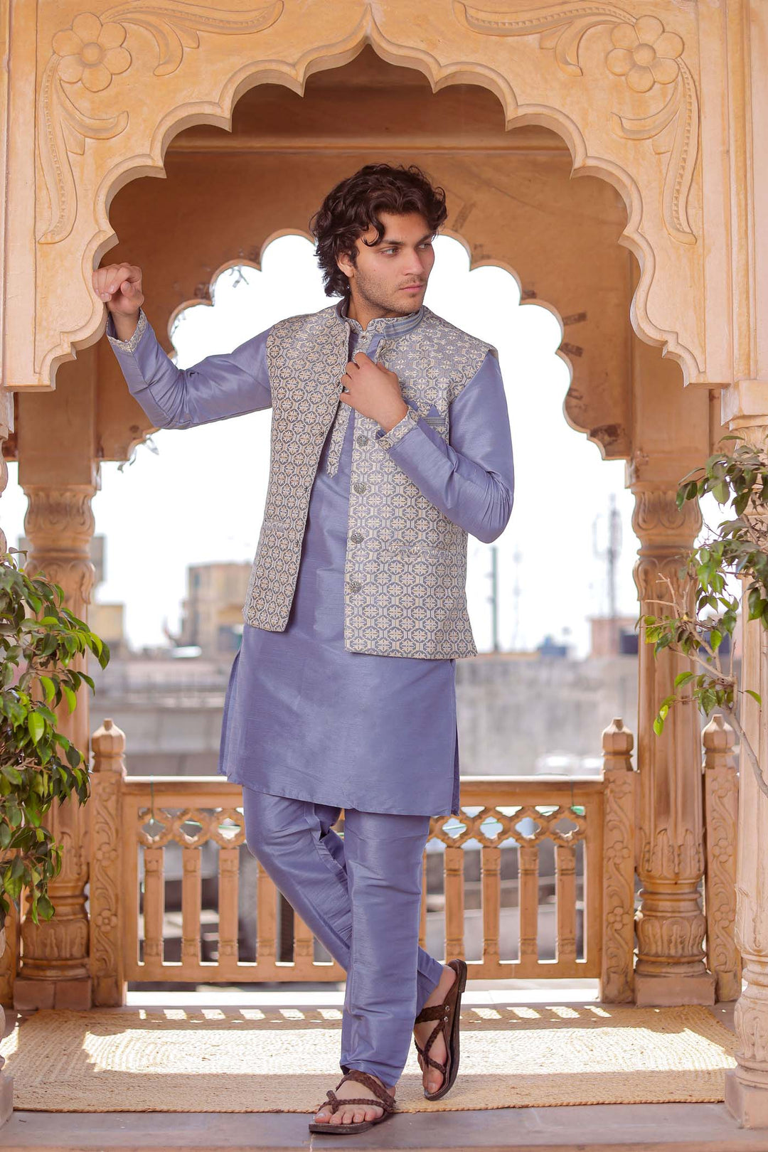 Grey Brocade Silk Jacket And Kurta Suit.