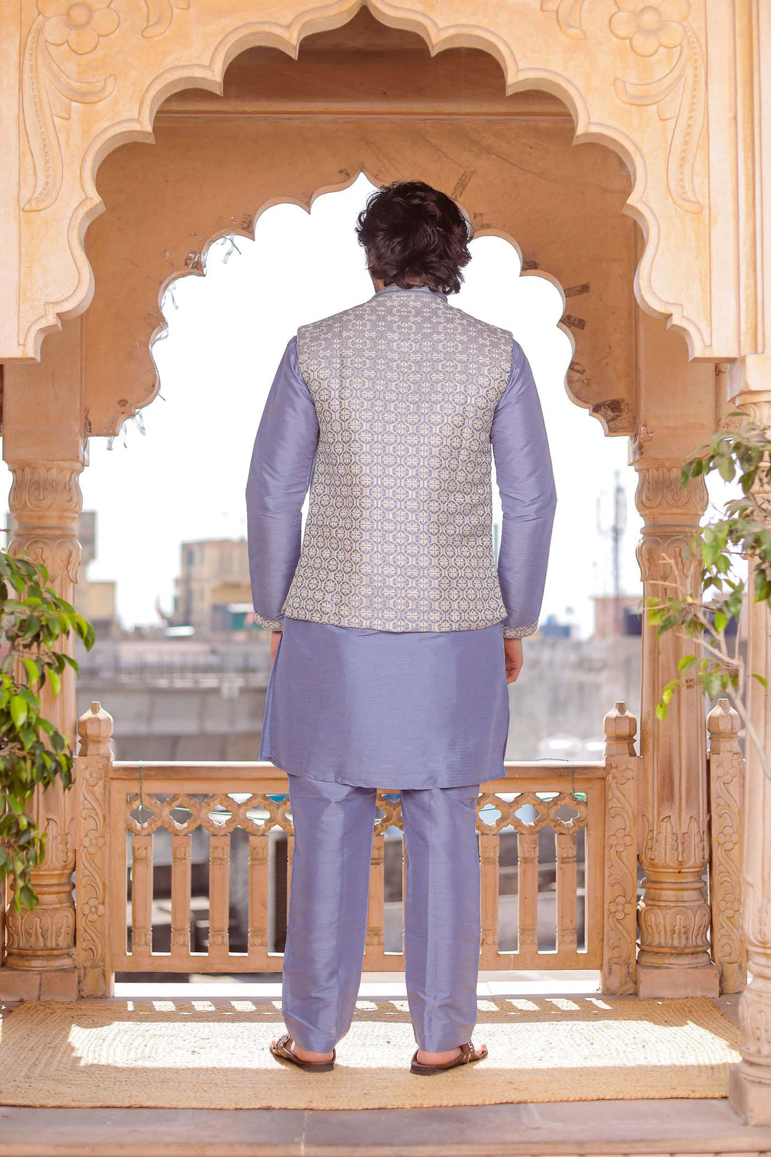 Grey Brocade Silk Jacket And Kurta Suit.