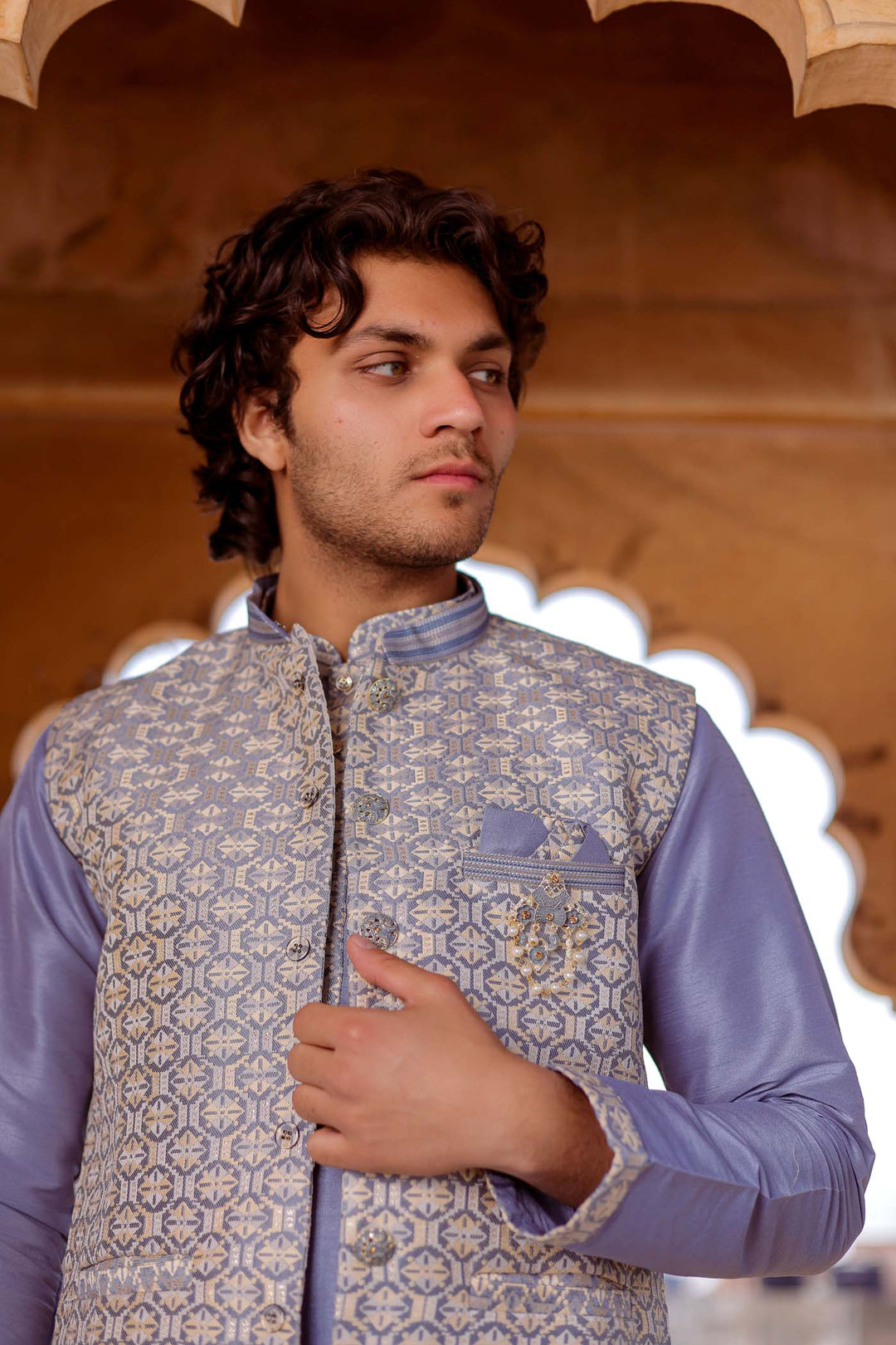 Grey Brocade Silk Jacket And Kurta Suit.