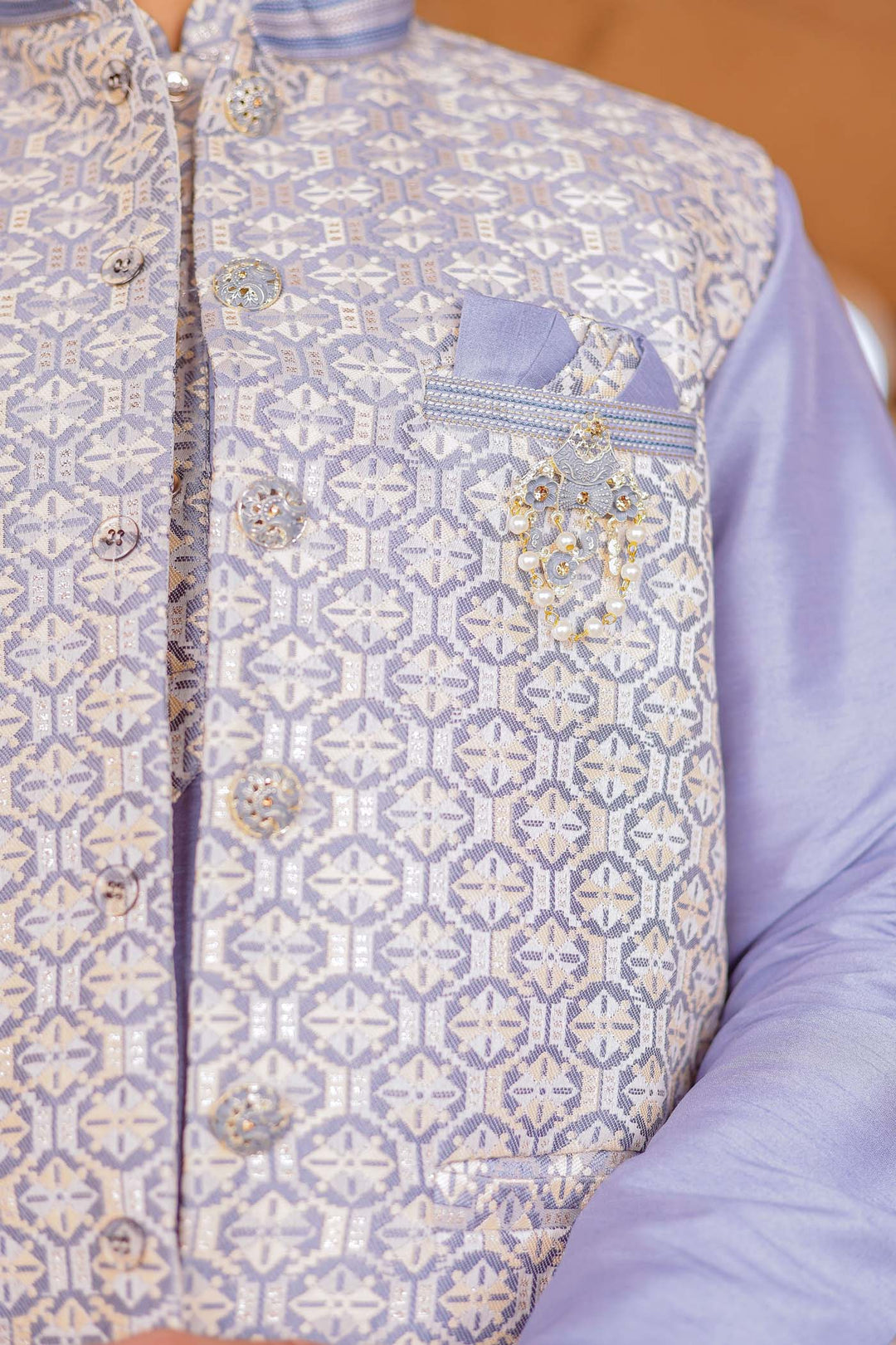 Grey Brocade Silk Jacket And Kurta Suit.