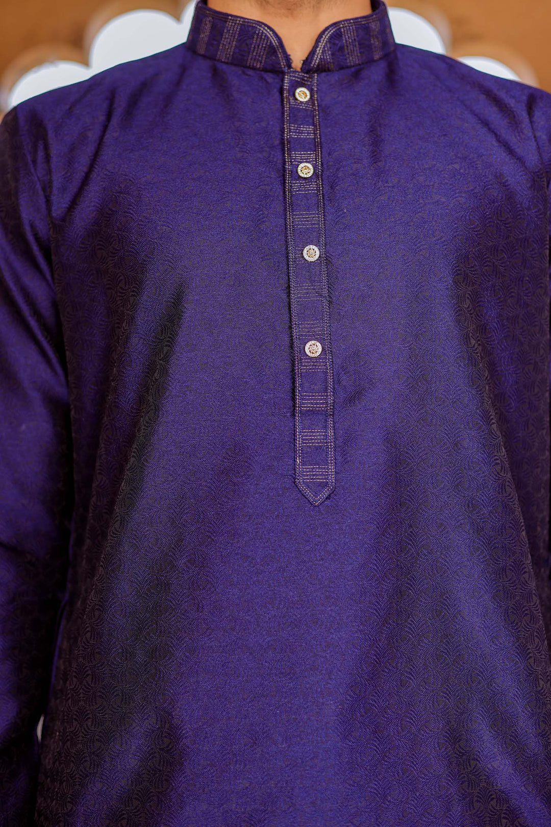 Navy Blue Self-Pattern Brocade Silk Kurta Suit.