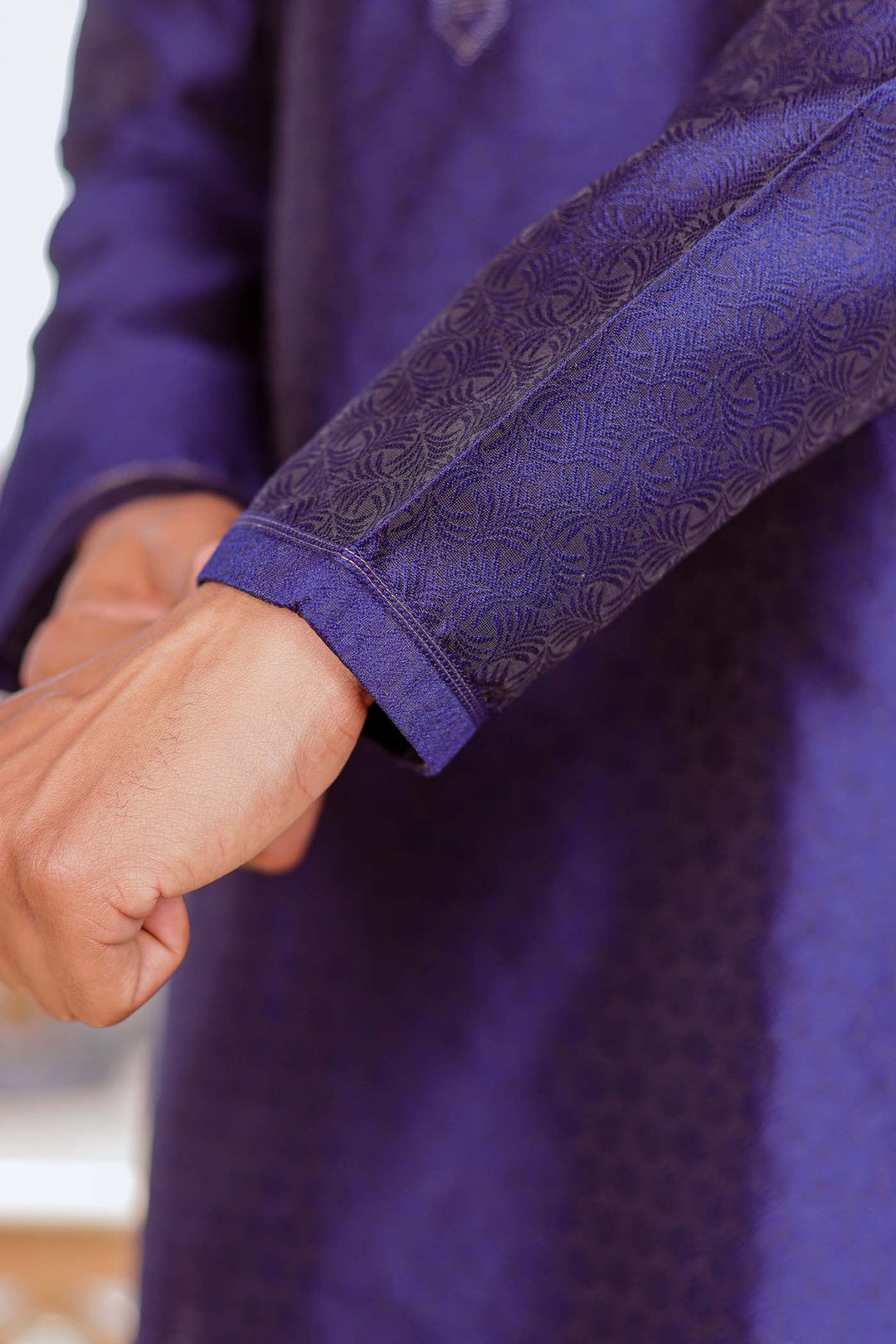 Navy Blue Self-Pattern Brocade Silk Kurta Suit.