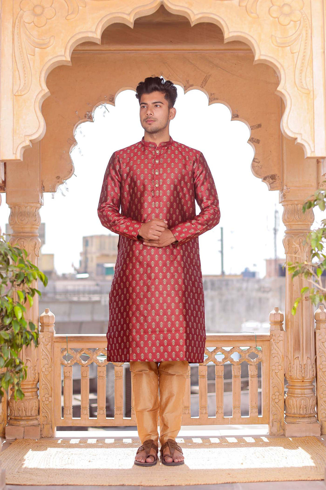 Maroon Brocade Silk Kurta Suit.