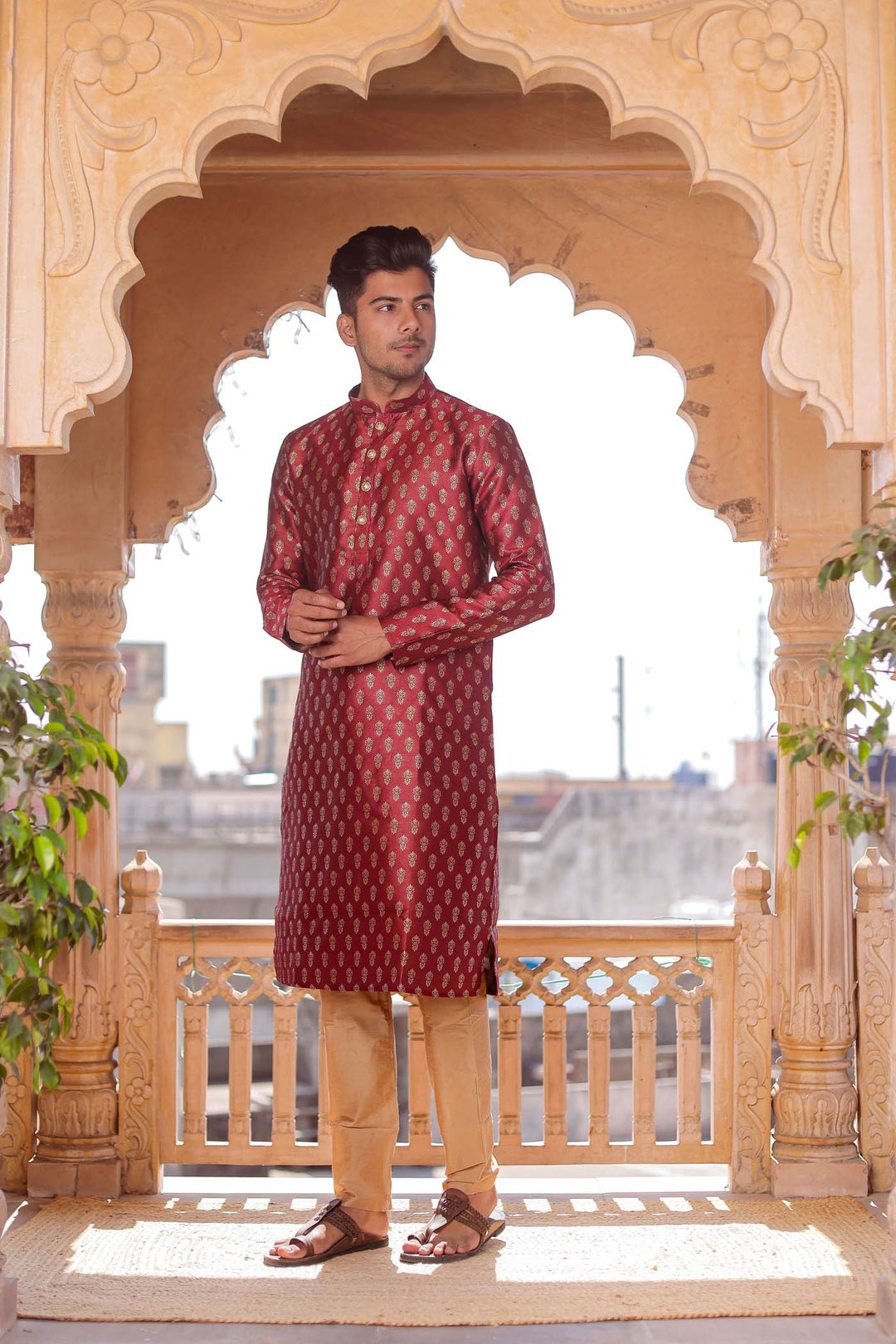 Maroon Brocade Silk Kurta Suit.