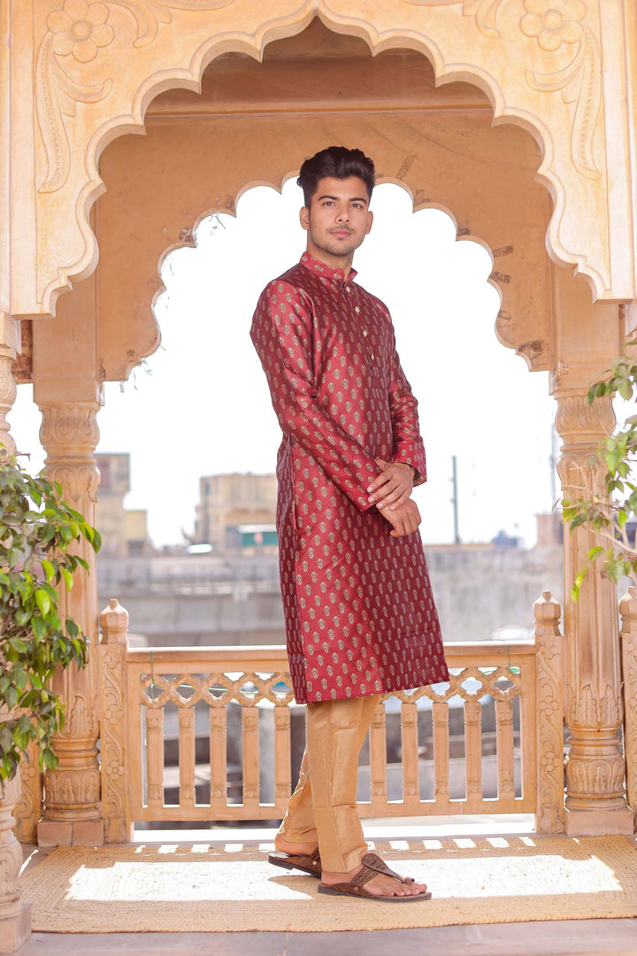 Maroon Brocade Silk Kurta Suit.