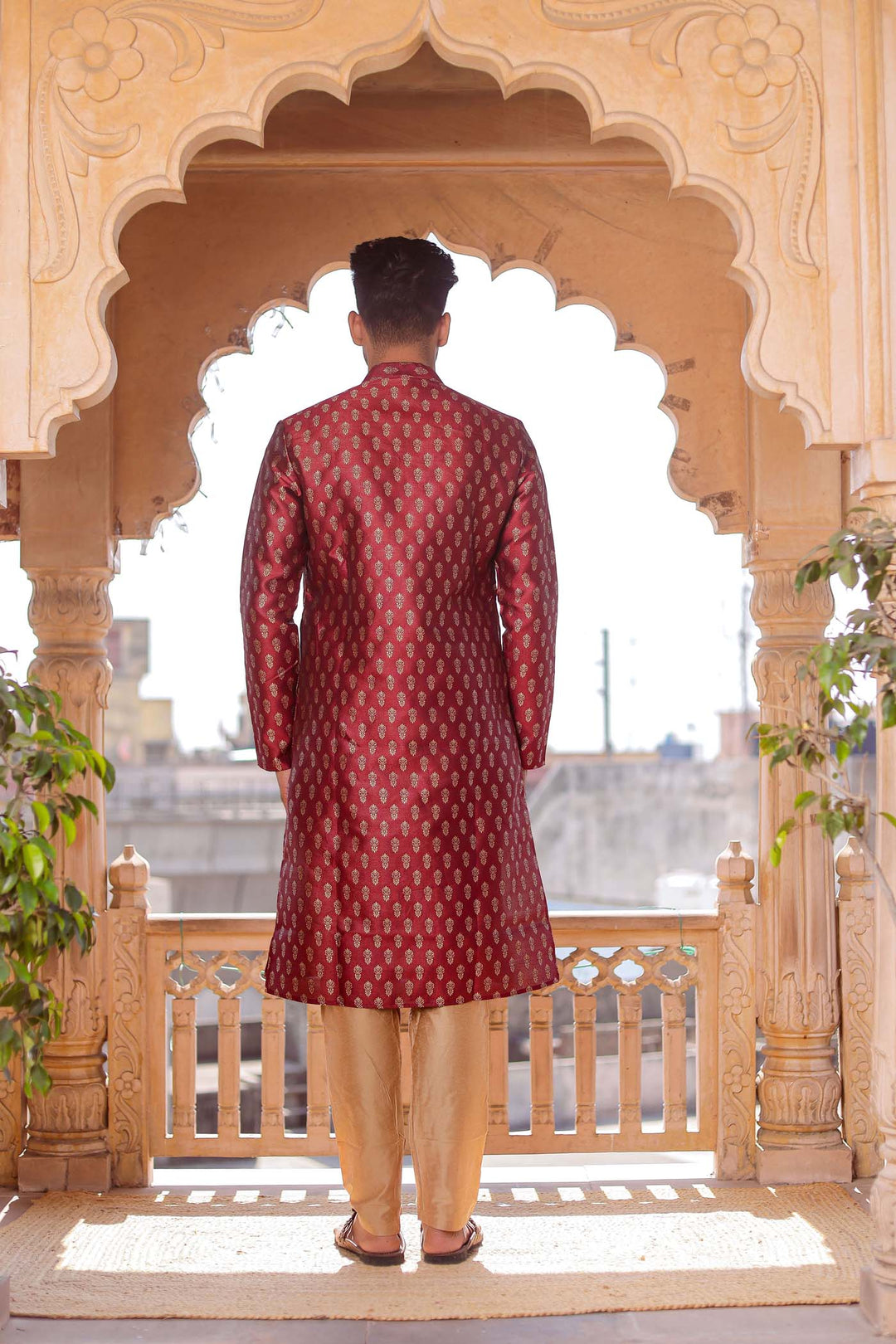 Maroon Brocade Silk Kurta Suit.