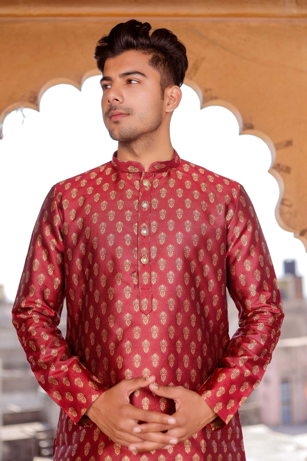 Maroon Brocade Silk Kurta Suit.