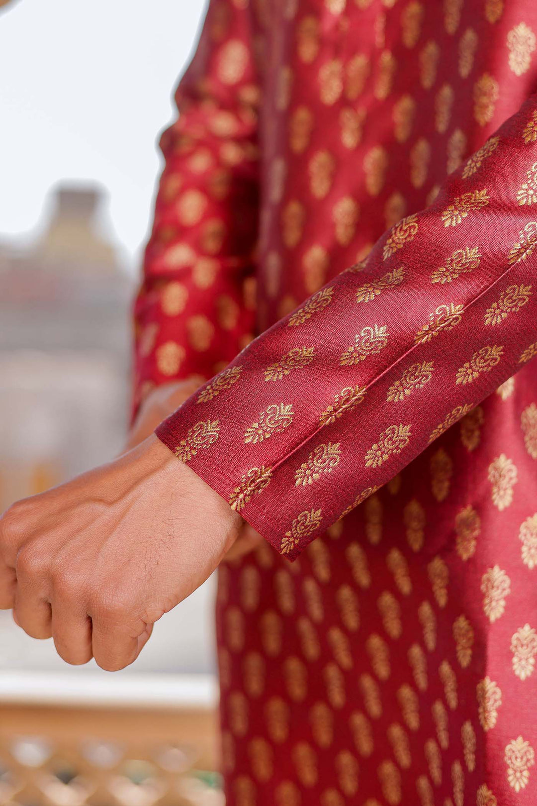 Maroon Brocade Silk Kurta Suit.