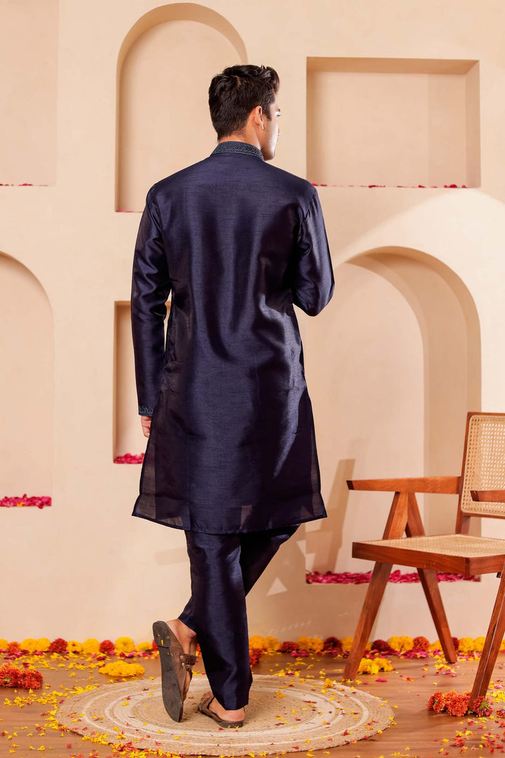 Navy Blue Raw Silk Kurta Suit with Intricate work on neckline.