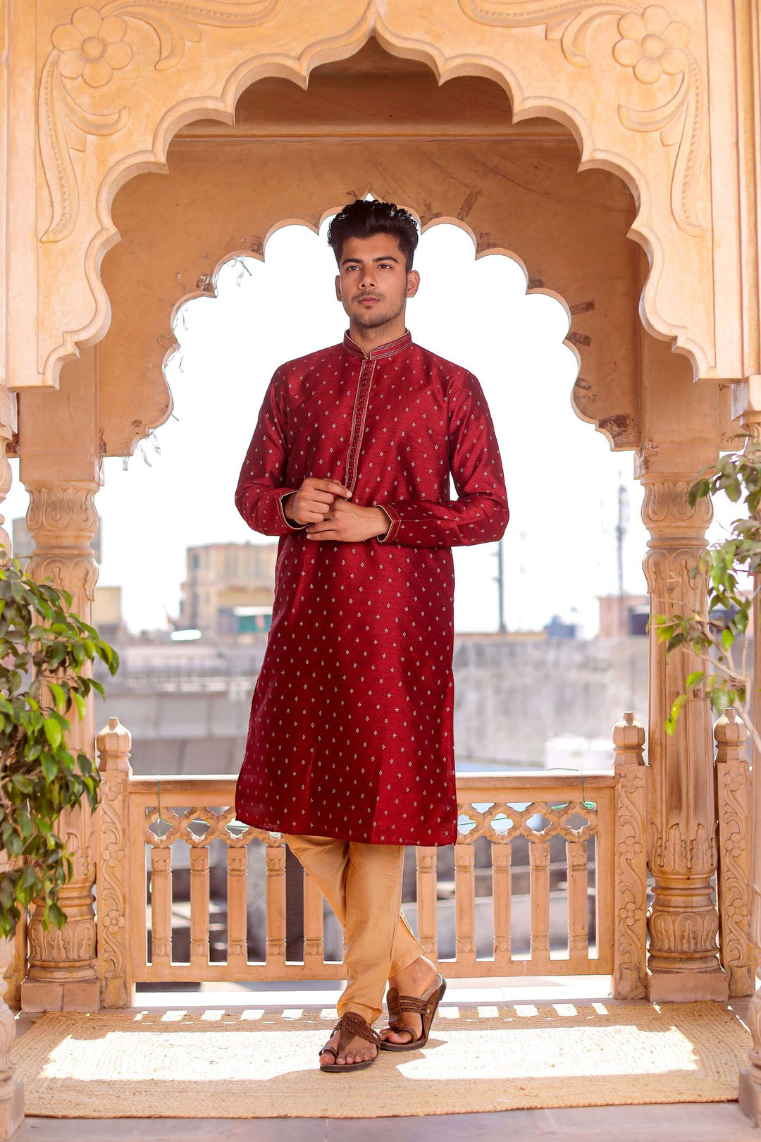 Maroon Brocade Silk Kurta Suit With Resham Thread Embroidery.