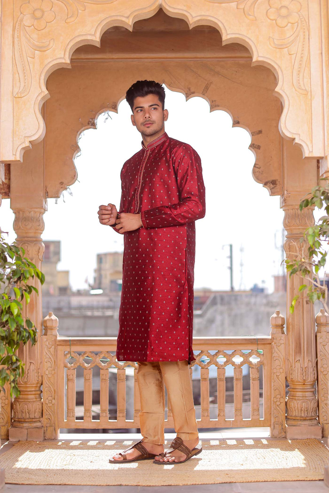 Maroon Brocade Silk Kurta Suit With Resham Thread Embroidery.