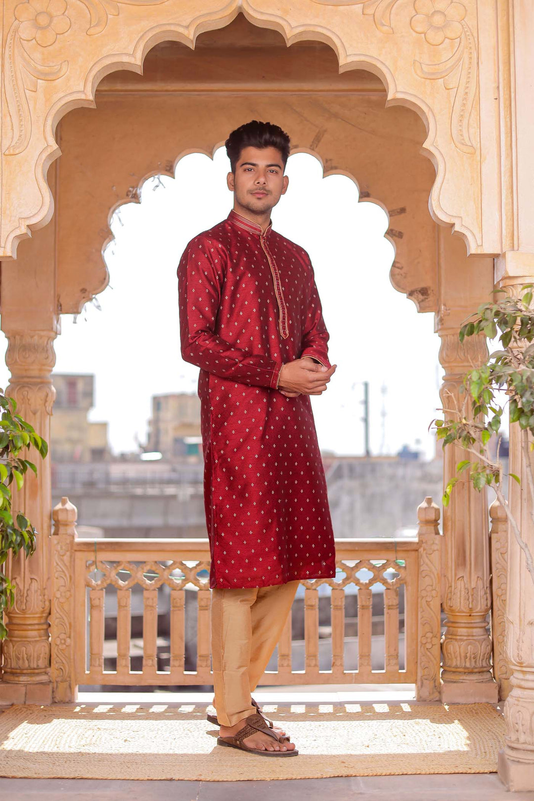 Maroon Brocade Silk Kurta Suit With Resham Thread Embroidery.