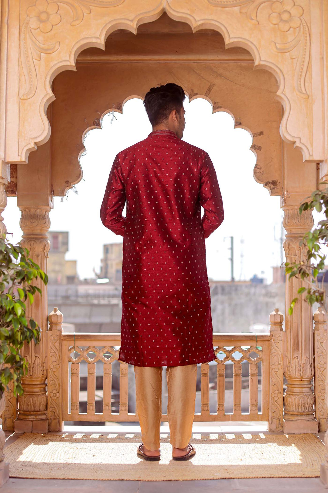 Maroon Brocade Silk Kurta Suit With Resham Thread Embroidery.