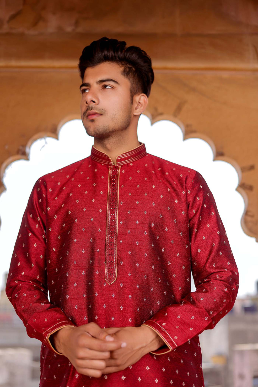 Maroon Brocade Silk Kurta Suit With Resham Thread Embroidery.