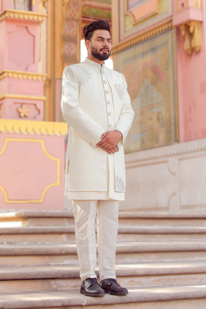 Ivory Brocade Silk Jacket Style Indo-wester Suit.