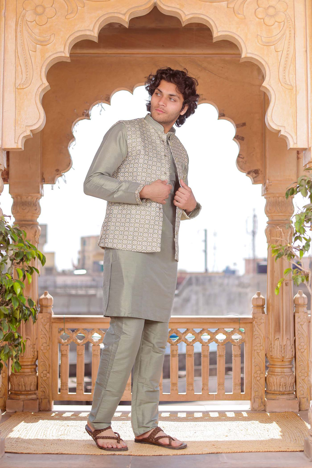 Dusty Green Brocade Silk Jacket And Kurta Suit.