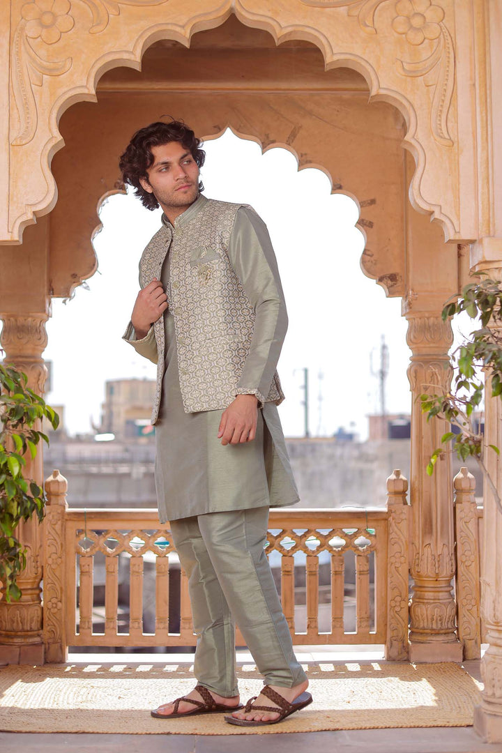 Dusty Green Brocade Silk Jacket And Kurta Suit.