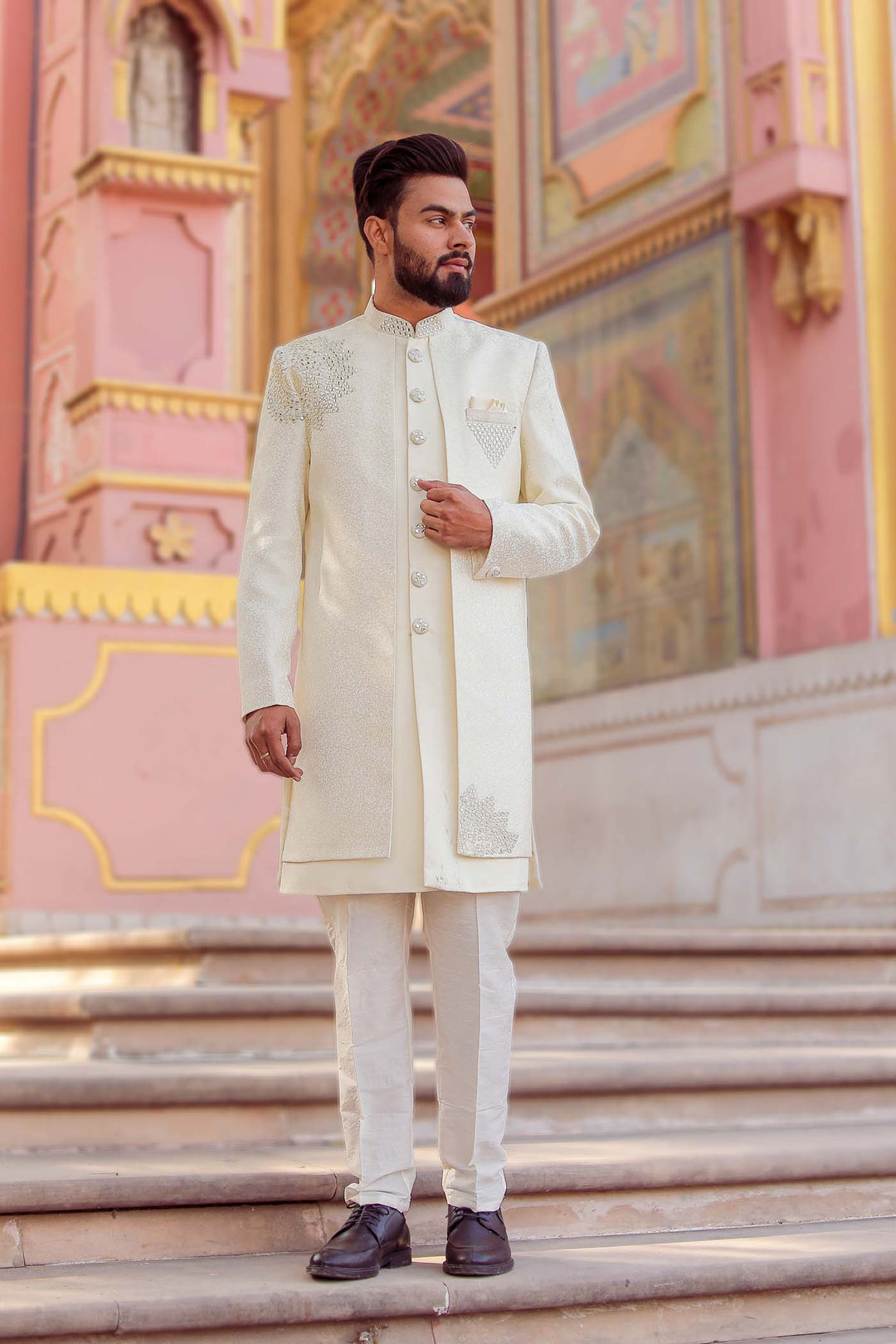 Ivory Brocade Silk Jacket Style Indo-wester Suit.