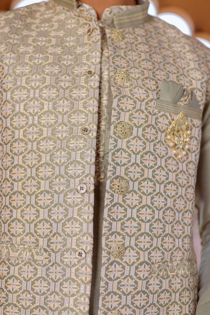 Dusty Green Brocade Silk Jacket And Kurta Suit.