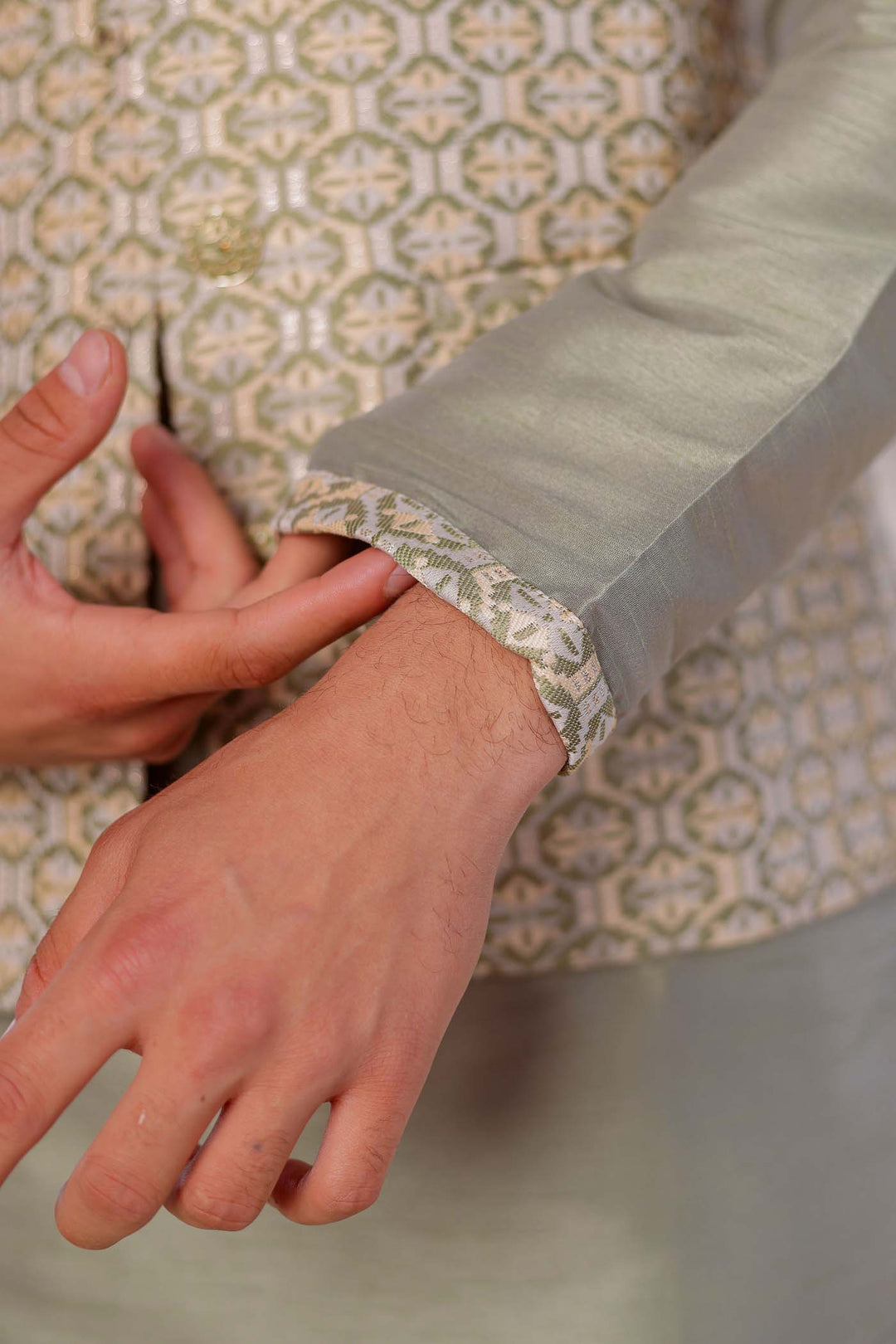 Dusty Green Brocade Silk Jacket And Kurta Suit.