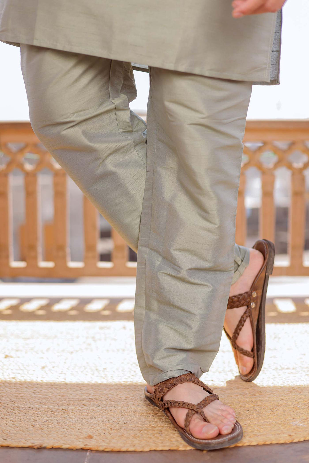 Dusty Green Brocade Silk Jacket And Kurta Suit.