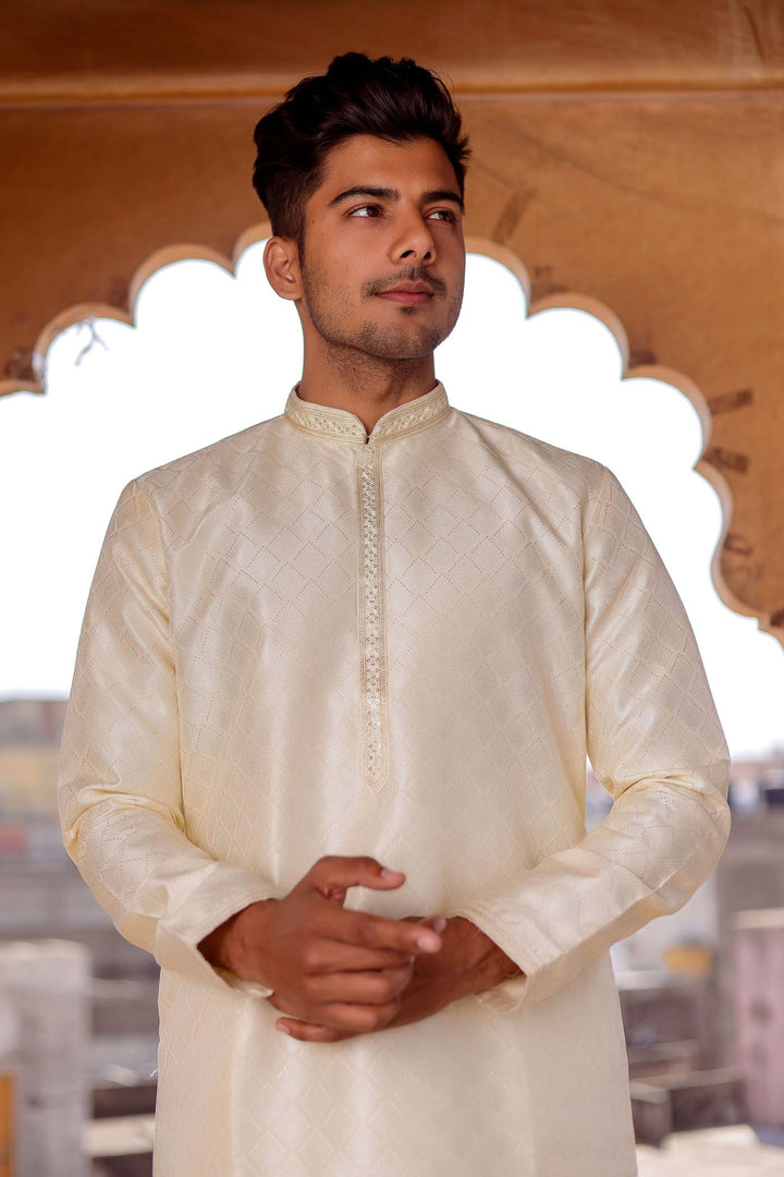 Light Gold Brocade Silk Kurta Suit With Sequin Thread Embroidery.