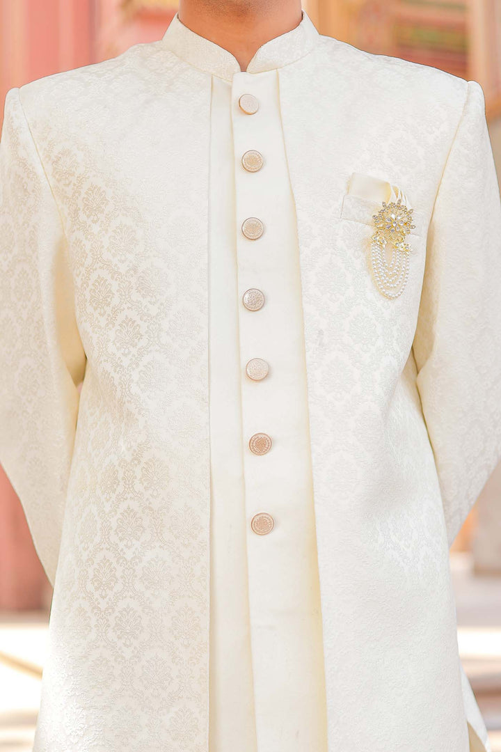 Cream Brocade Silk Jacket Style Indo-wester Suit.