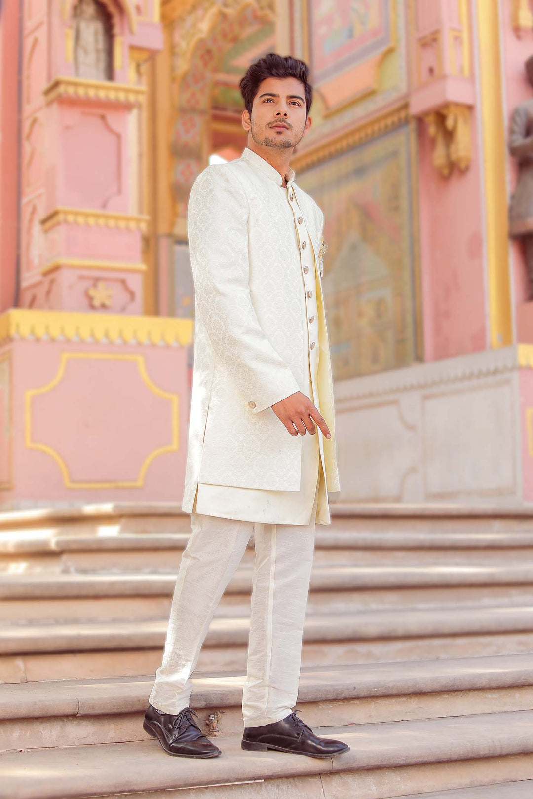 Cream Brocade Silk Jacket Style Indo-wester Suit.