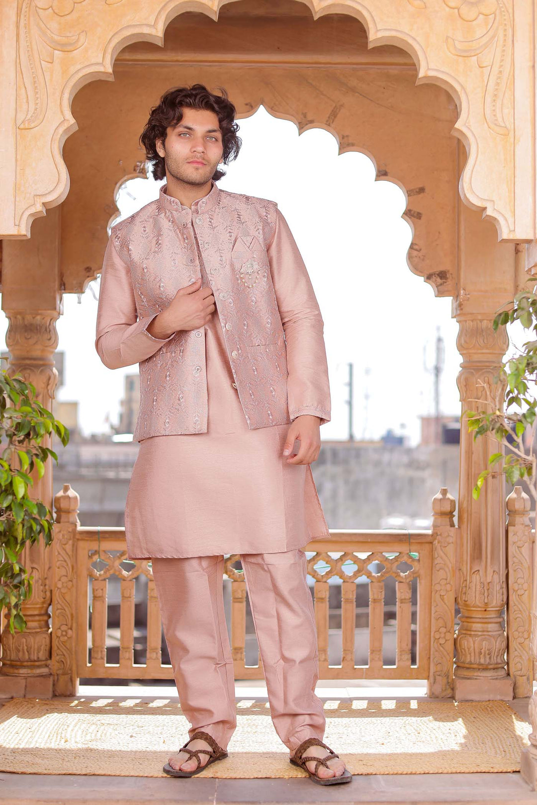 Dusty Pink Thread Embroidered Silk Jacket And Kurta Suit.