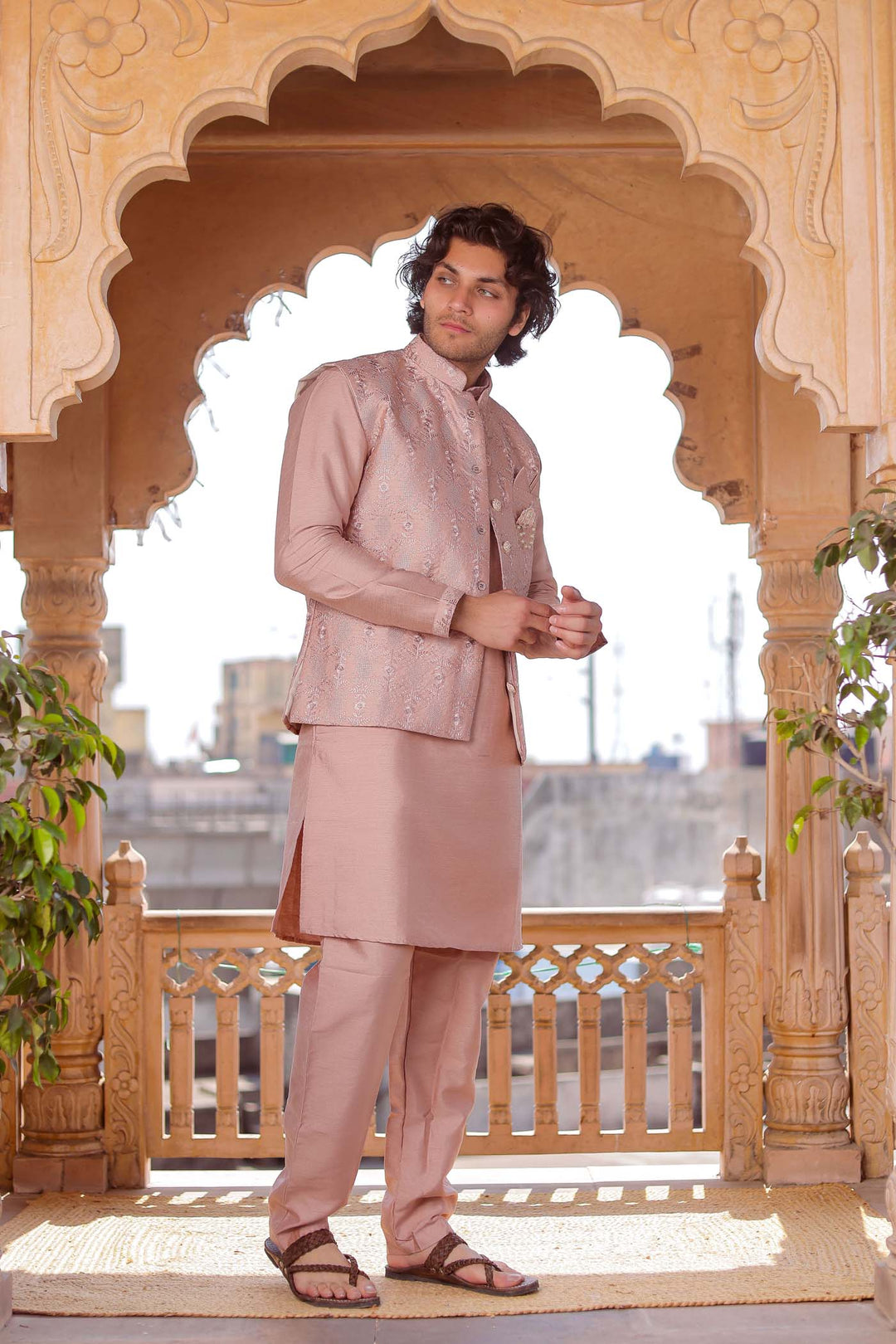 Dusty Pink Thread Embroidered Silk Jacket And Kurta Suit.