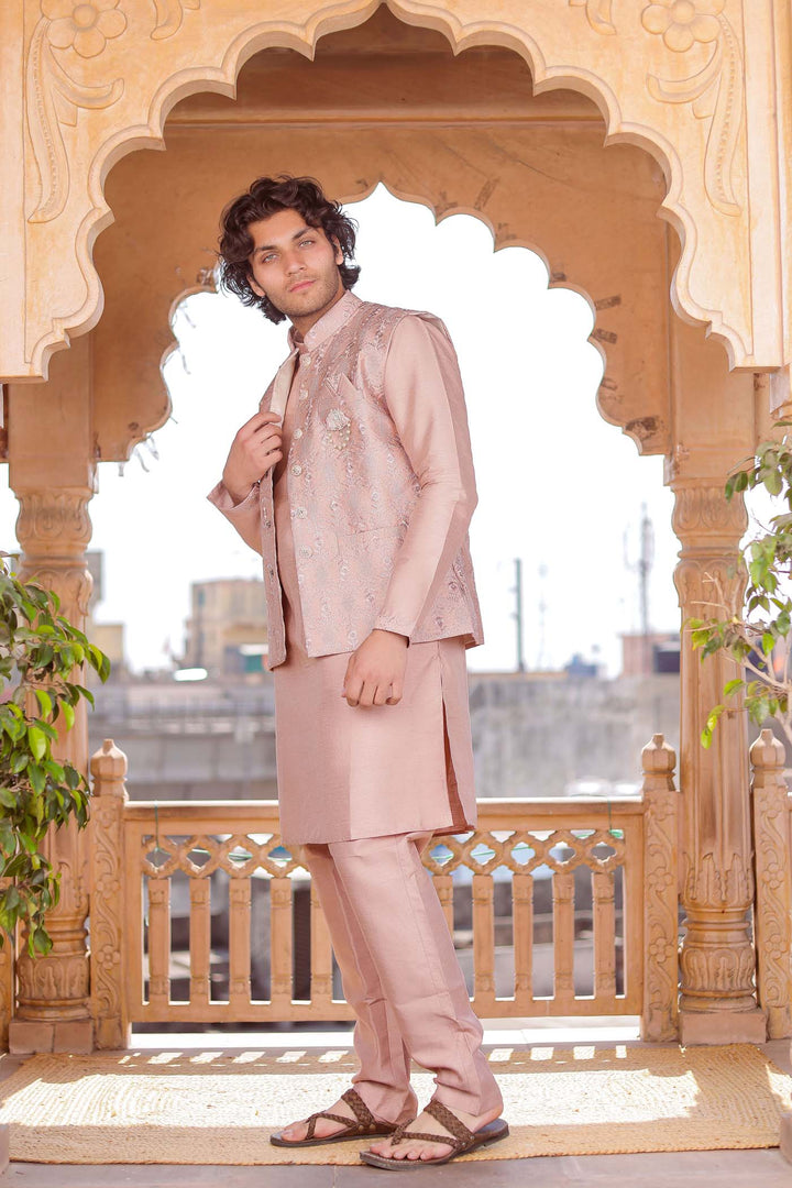 Dusty Pink Thread Embroidered Silk Jacket And Kurta Suit.