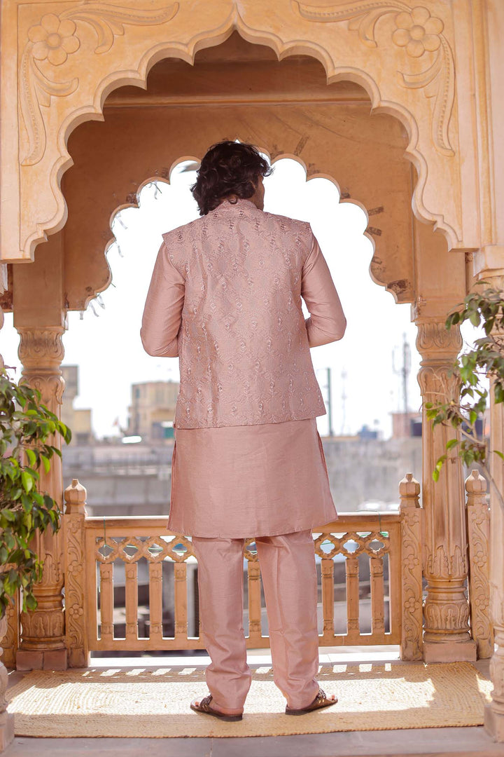 Dusty Pink Thread Embroidered Silk Jacket And Kurta Suit.