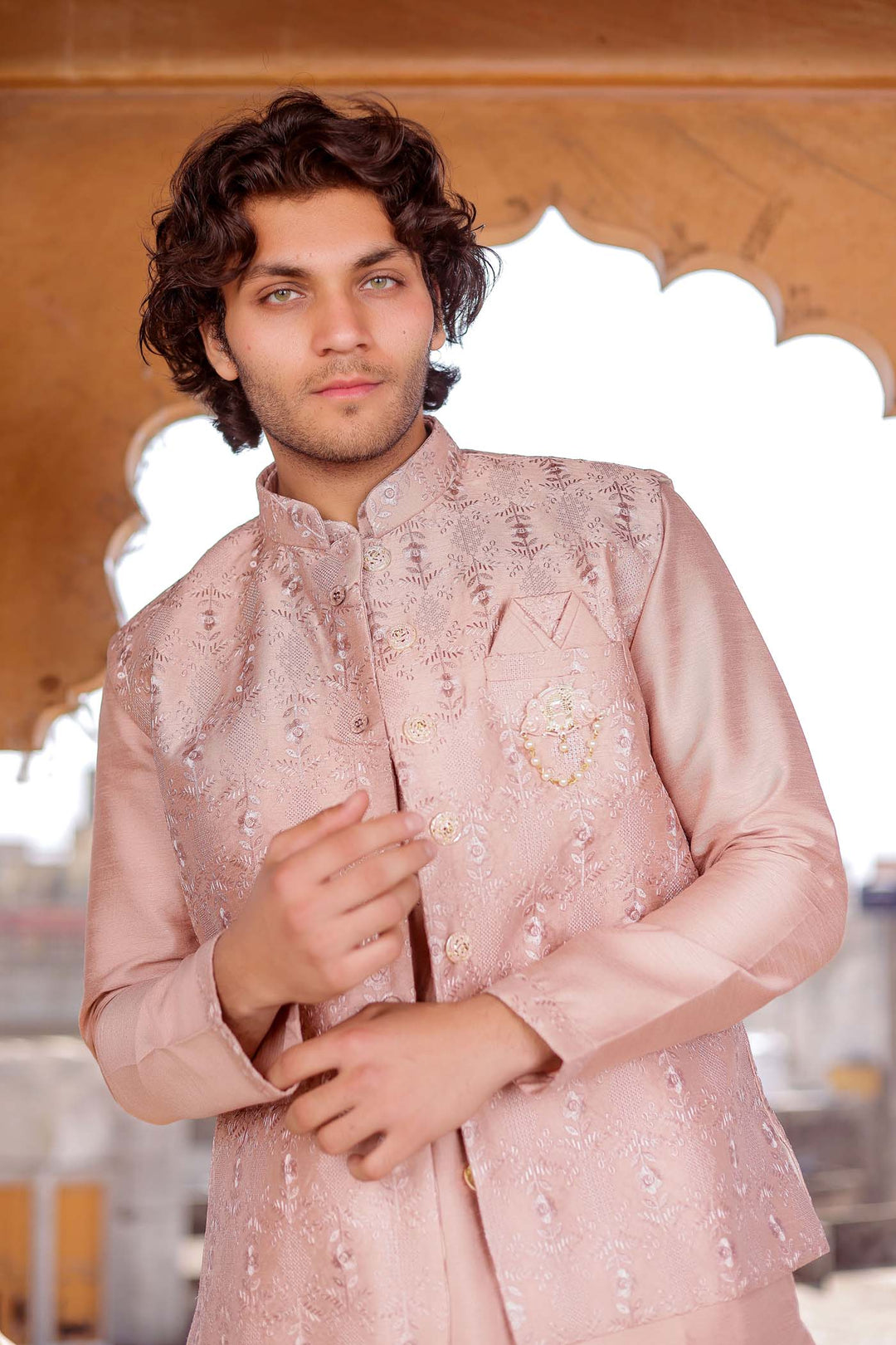 Dusty Pink Thread Embroidered Silk Jacket And Kurta Suit.