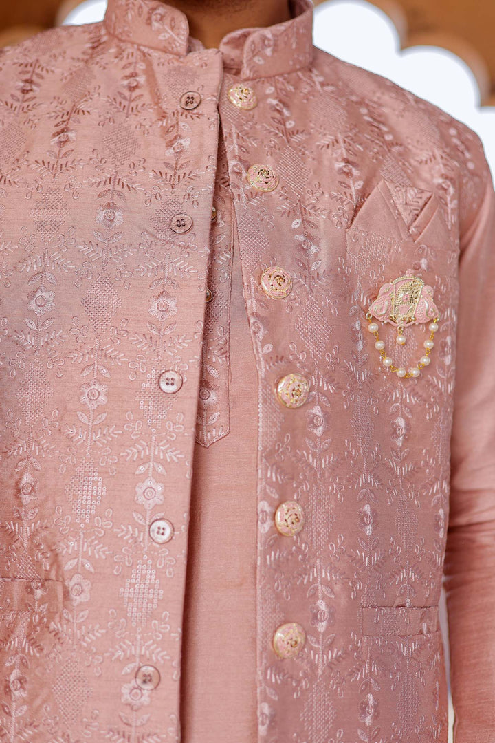 Dusty Pink Thread Embroidered Silk Jacket And Kurta Suit.