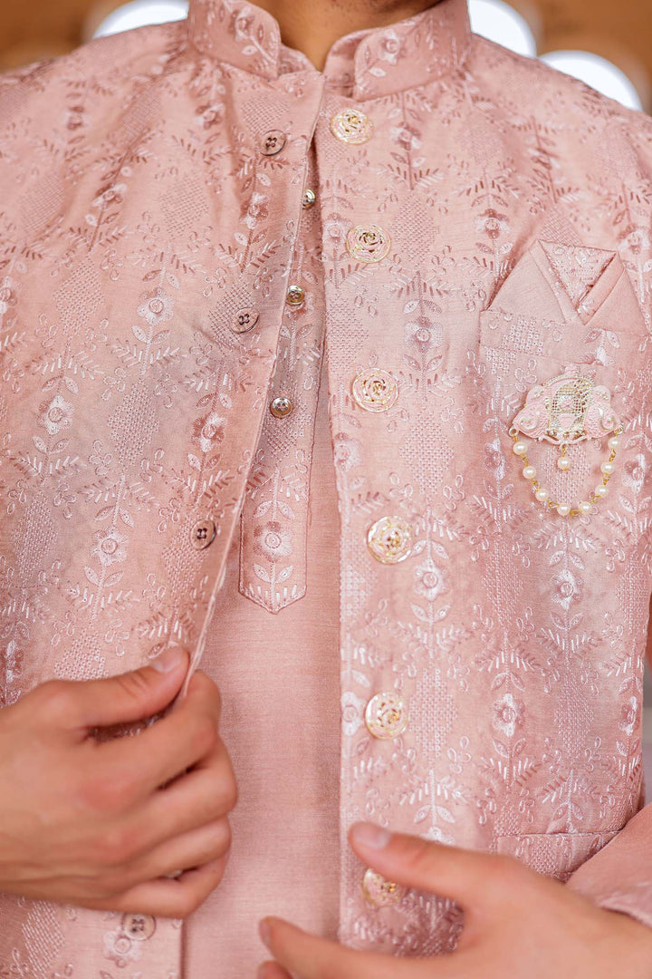 Dusty Pink Thread Embroidered Silk Jacket And Kurta Suit.