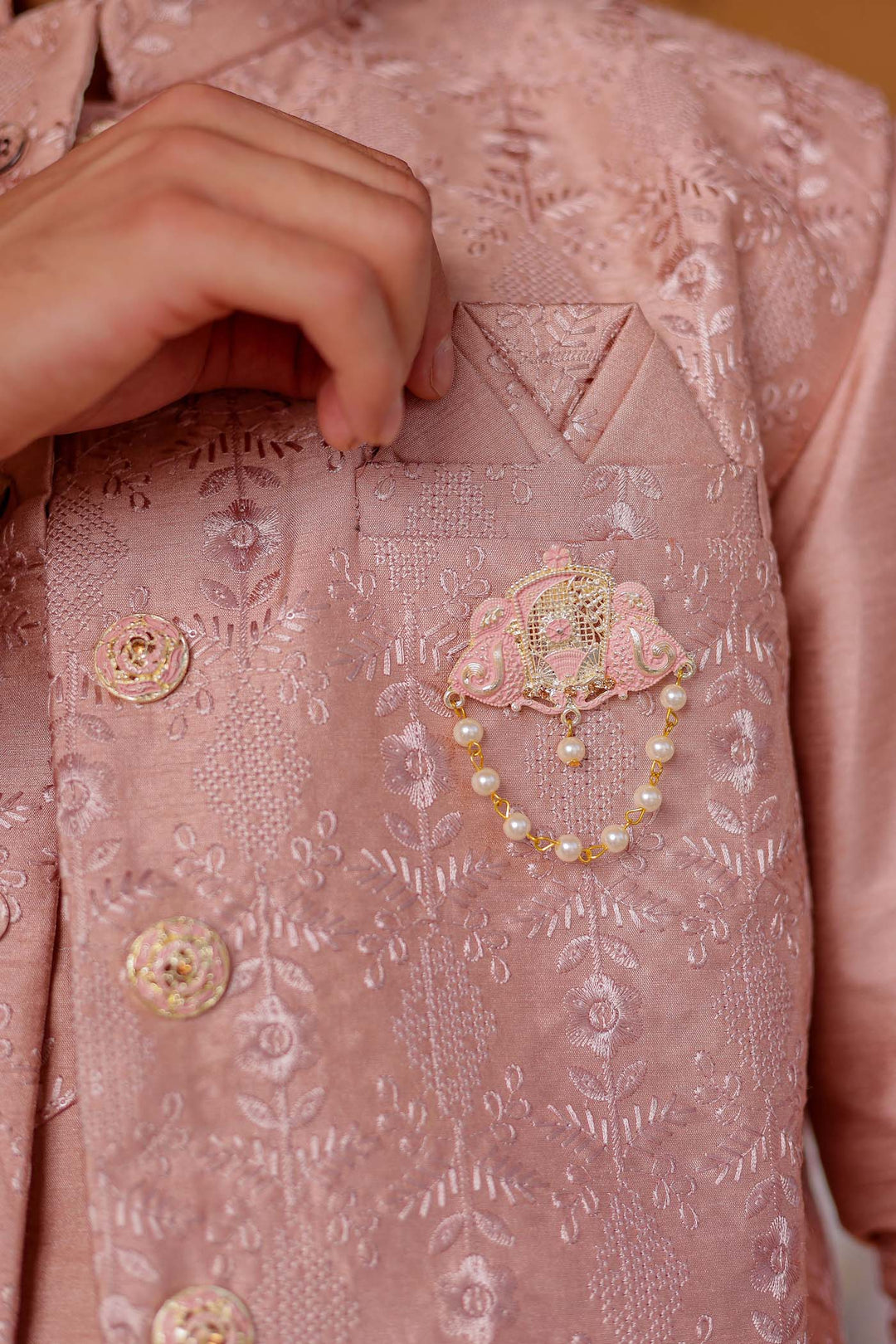 Dusty Pink Thread Embroidered Silk Jacket And Kurta Suit.