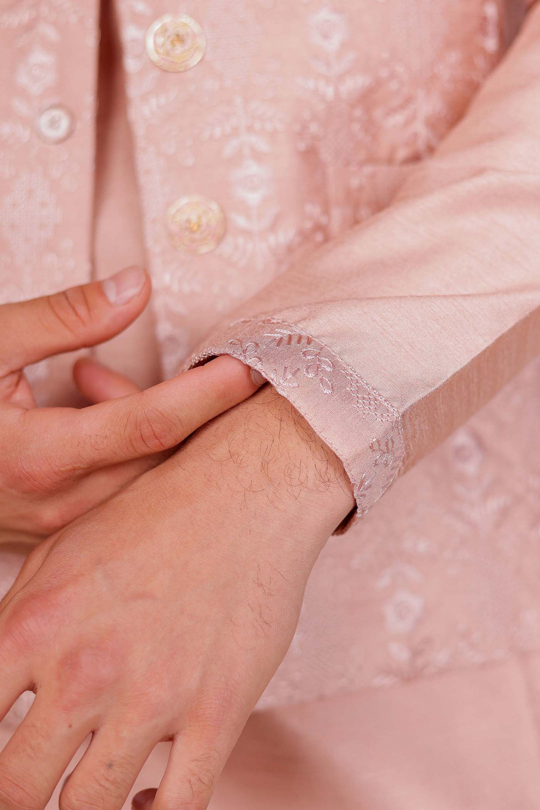 Dusty Pink Thread Embroidered Silk Jacket And Kurta Suit.