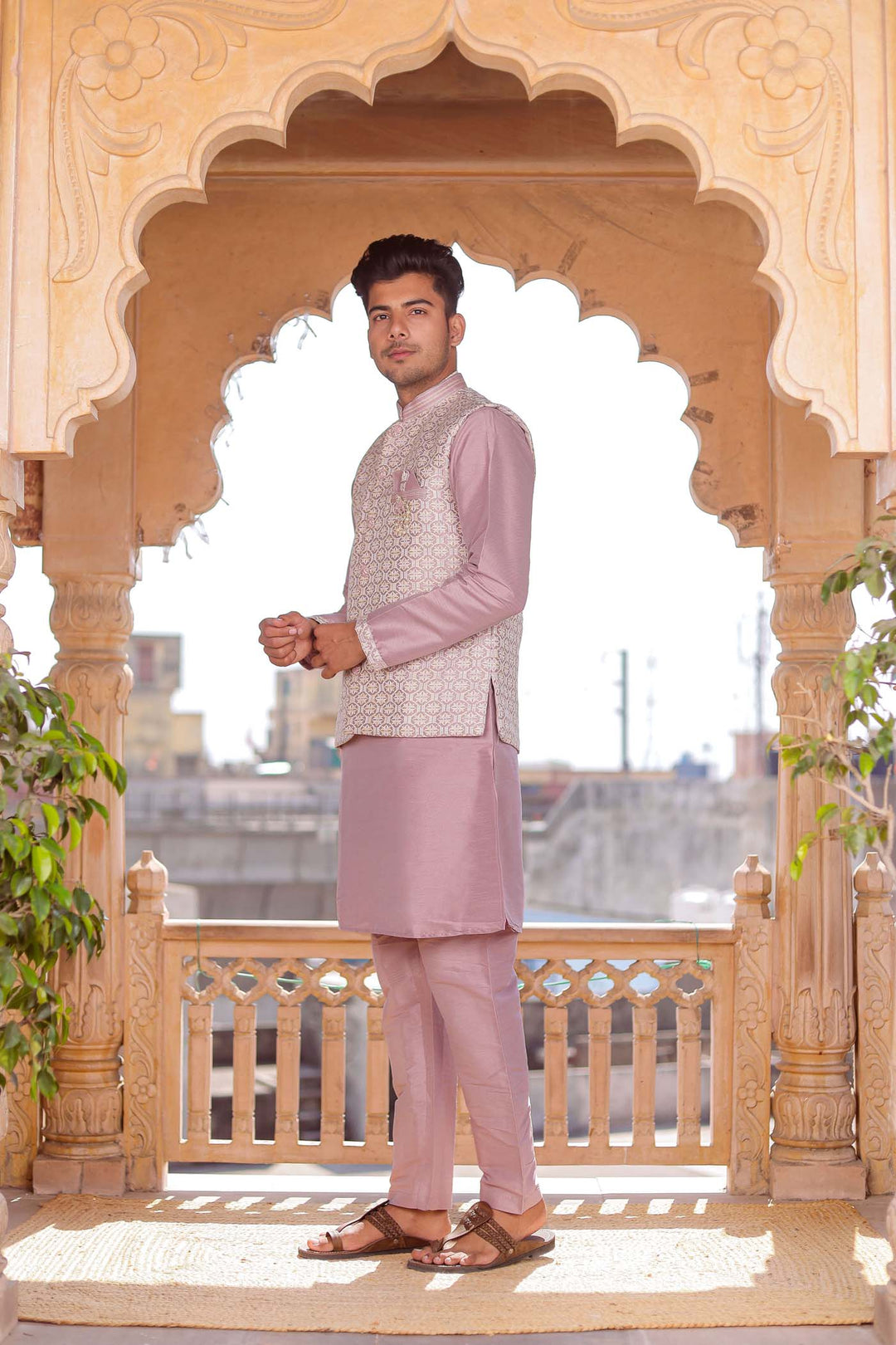 Dusty Lilac Brocade Silk Jacket And Kurta Suit.