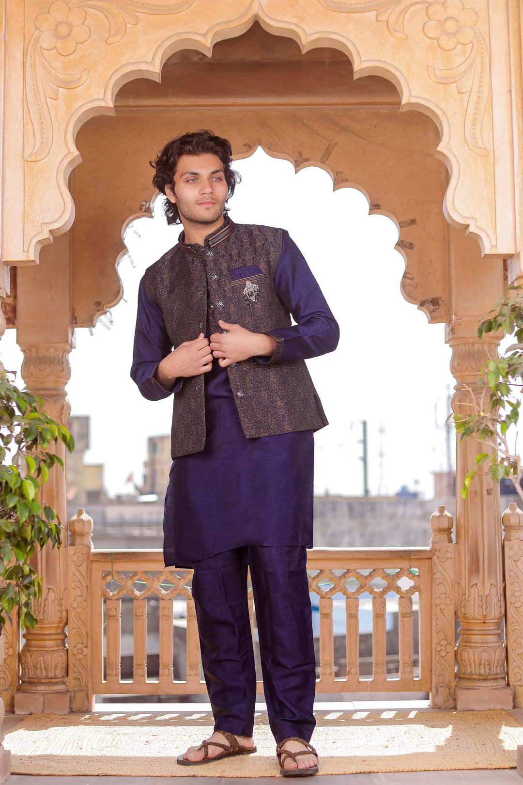 Navy Blue Brocade Silk Jacket And Kurta Suit