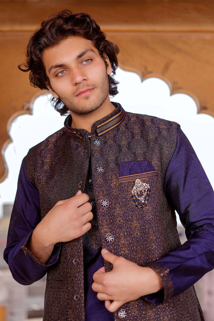 Navy Blue Brocade Silk Jacket And Kurta Suit