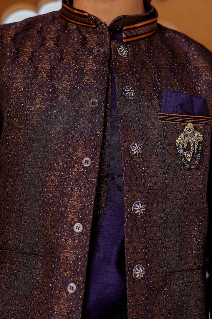 Navy Blue Brocade Silk Jacket And Kurta Suit