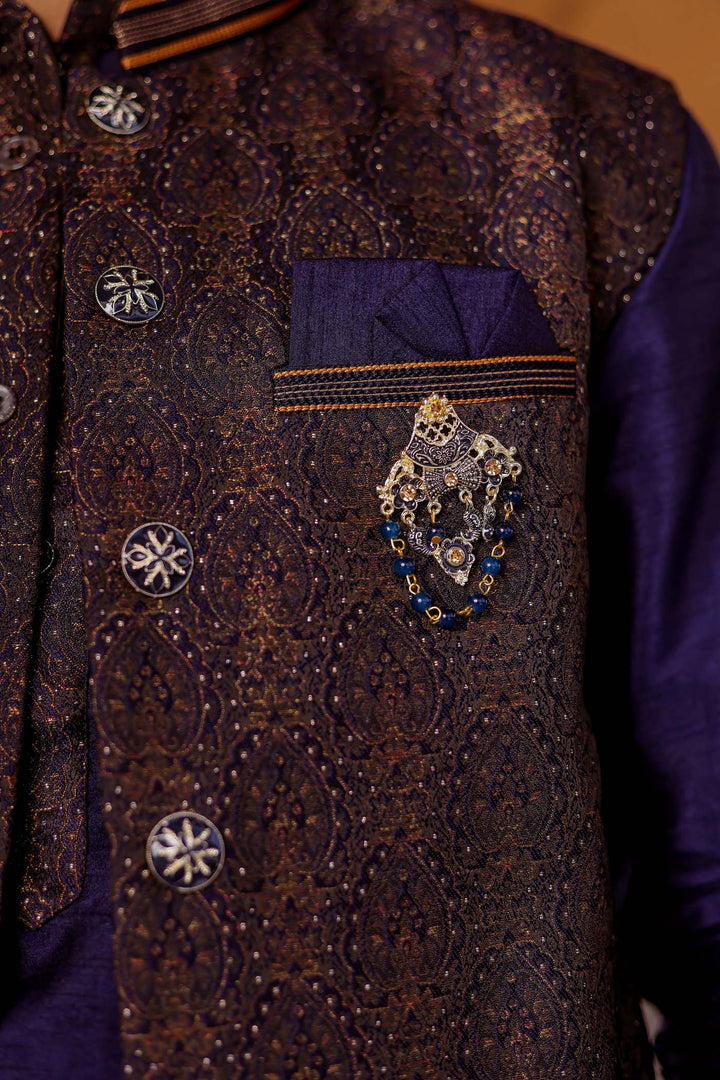 Navy Blue Brocade Silk Jacket And Kurta Suit