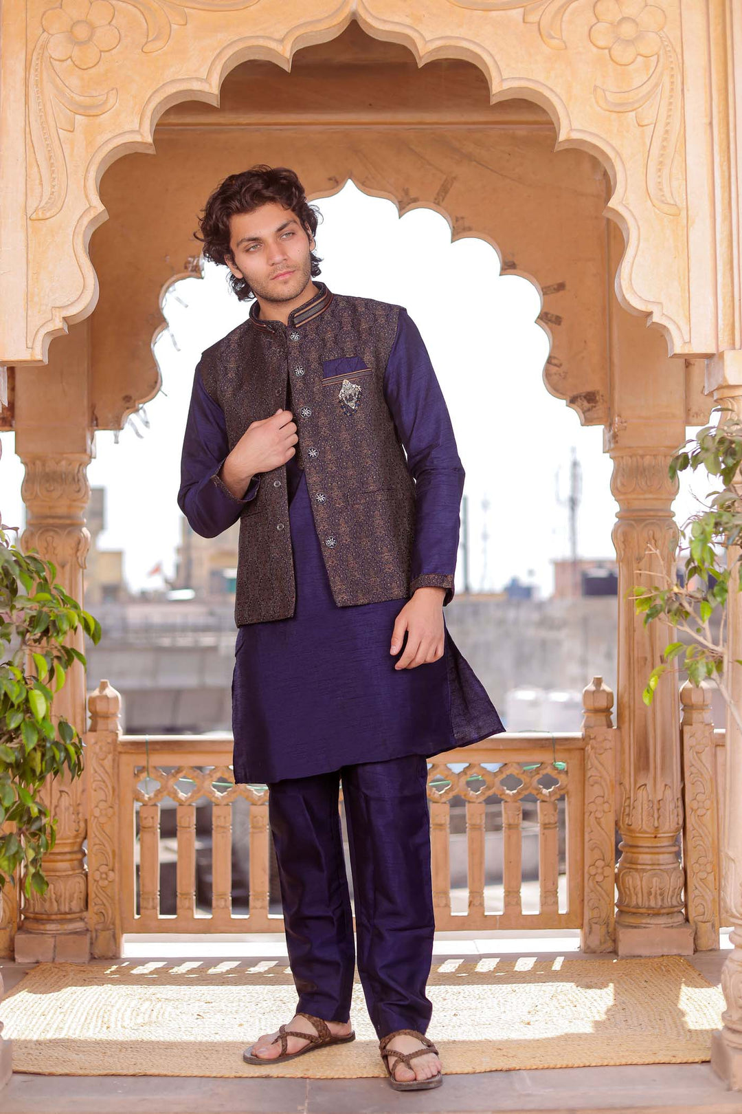 Navy Blue Brocade Silk Jacket And Kurta Suit