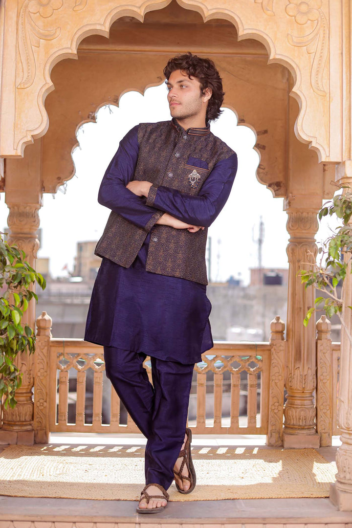 Navy Blue Brocade Silk Jacket And Kurta Suit