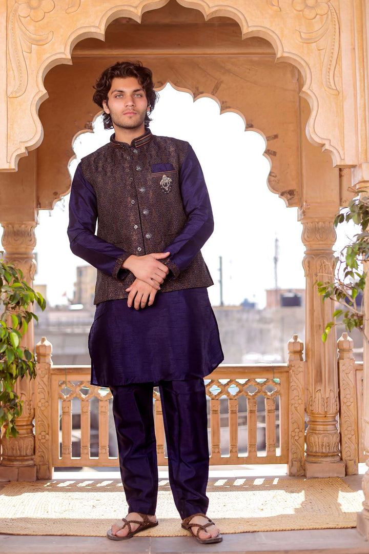 Navy Blue Brocade Silk Jacket And Kurta Suit