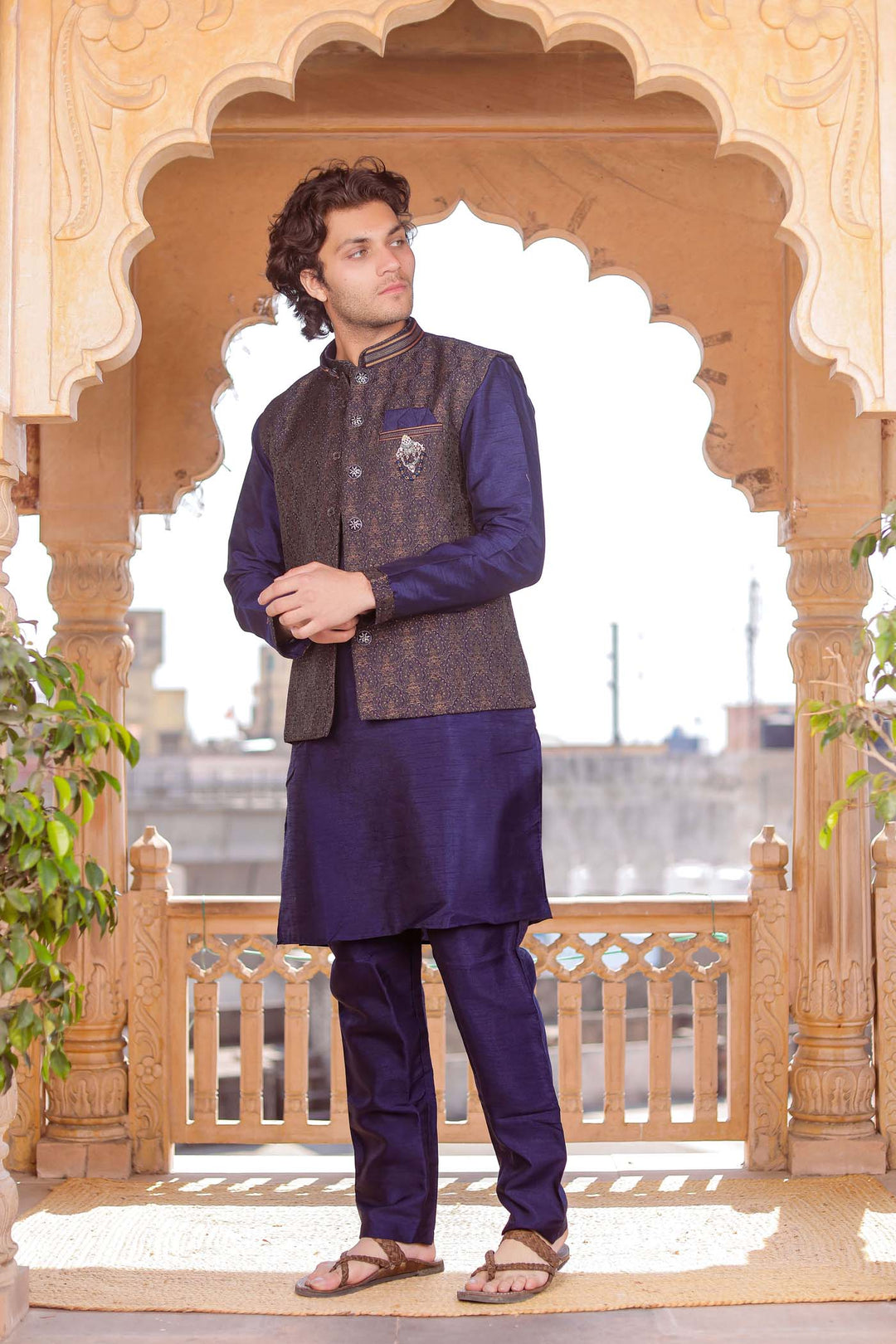 Navy Blue Brocade Silk Jacket And Kurta Suit