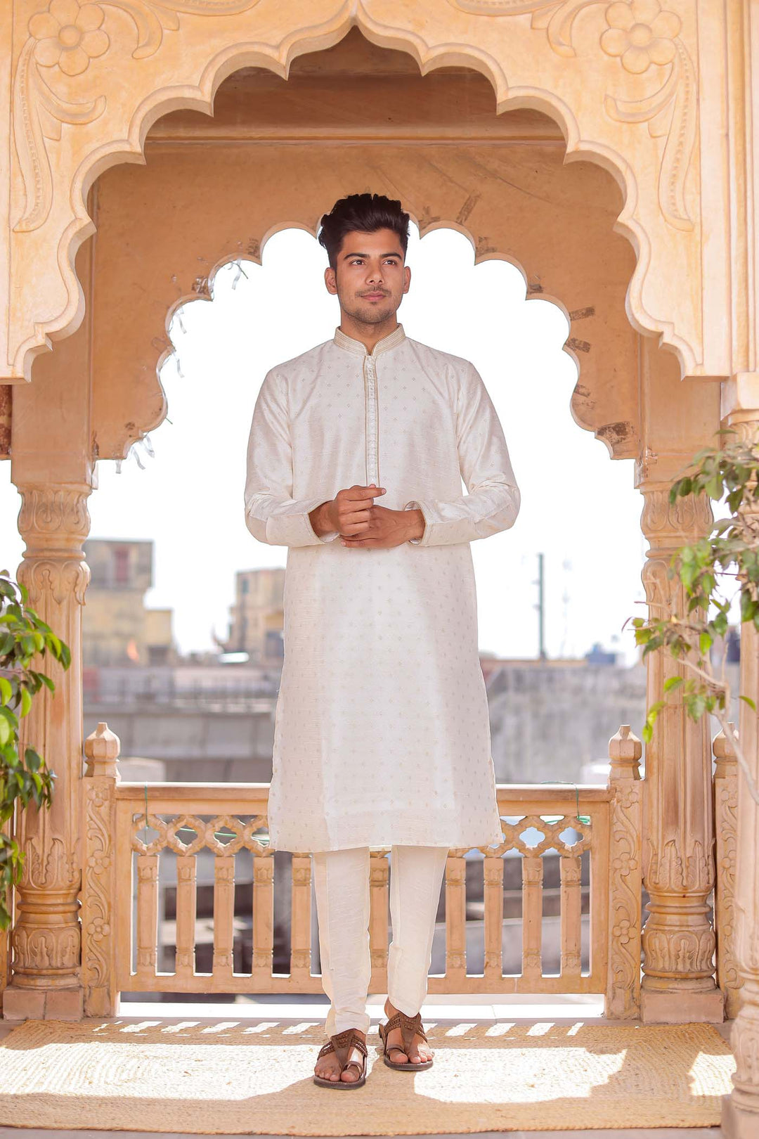 Off White Brocade Silk Kurta suit with resham thread embroidery.