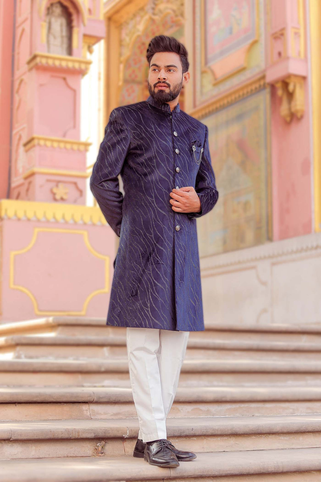 Navy Blue Velvet With Gold Zari Indo-Western Suit