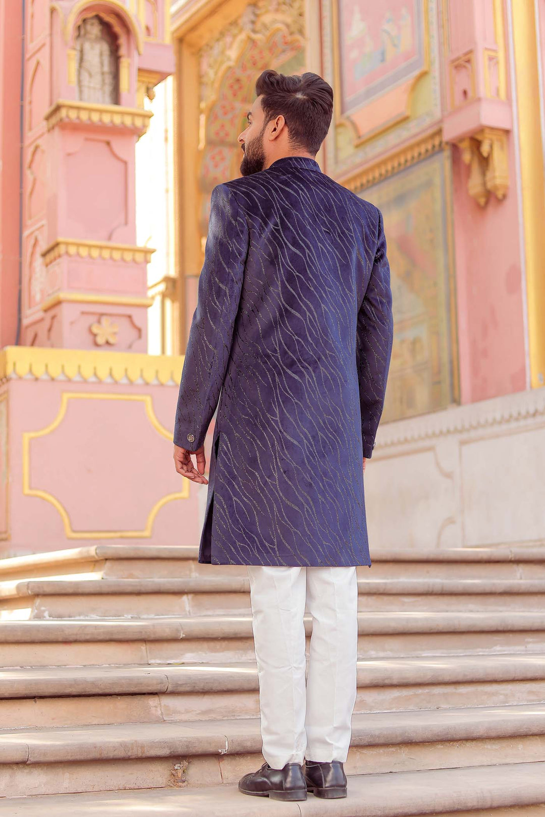 Navy Blue Velvet With Gold Zari Indo-Western Suit